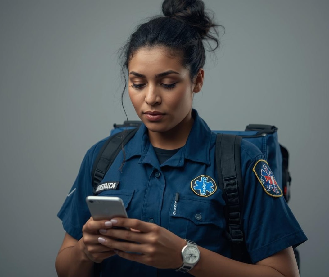 EMS clinician using a phone for mobile learning