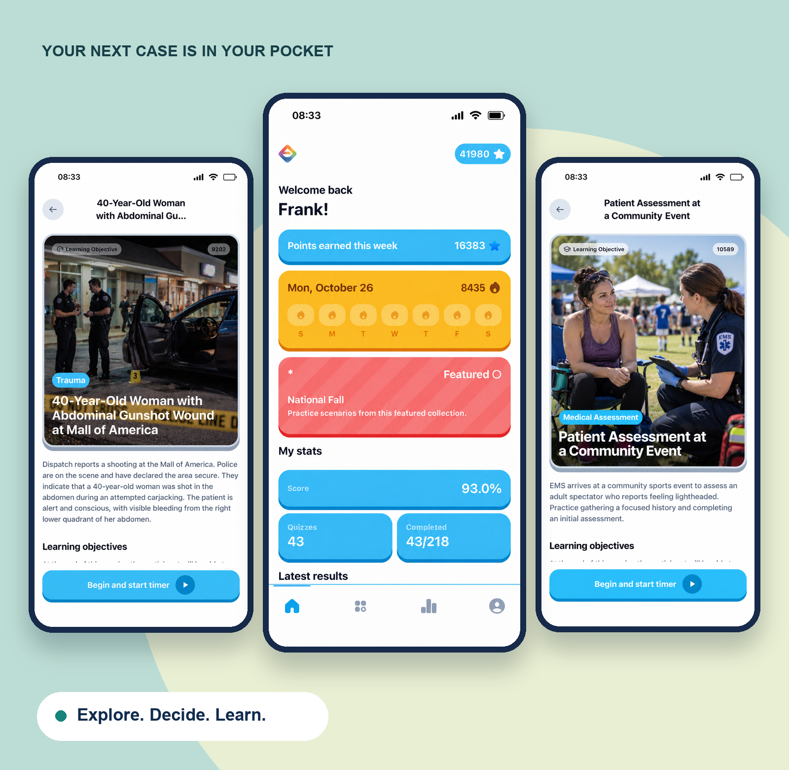 EMTeam app dashboard and two EMS training scenarios displayed on generic phones